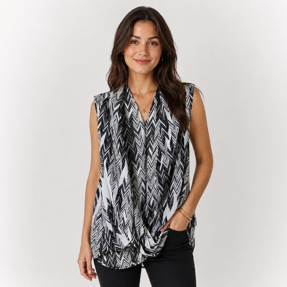 Material Girl Elegant Black White Zig Zag Drapey Wrap Sheer Sleeveless Blouse XL